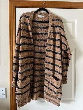Blakely Open-Front Tan Speckled Stripe Cardigan Sweater